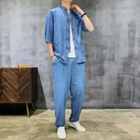 Мужской джинсовый костюм Тан с воротником-стойкой, Потертая джинсовая рубашка с пряжкой в китайском стиле, тонкая джинсовая рубашка с рукавами средней длины, летний тренд