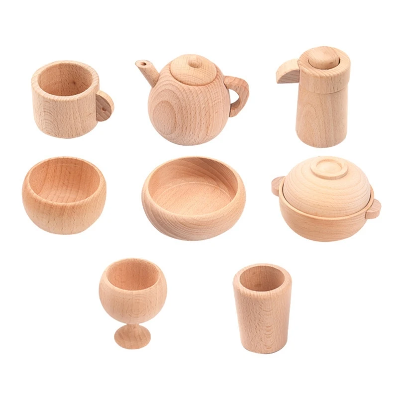 

Log Wooden Unpainted Play House Kitchen Cooking Toy Teapot Teacup Red Wine Glass Toy for 1-6 Years Kids Toddlers 87HD