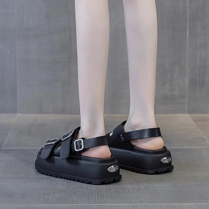 Genuine Leather Platform Roman Sandals for Women 2023 Summer New Casual Belt Buckle Beach Shoes Fashion