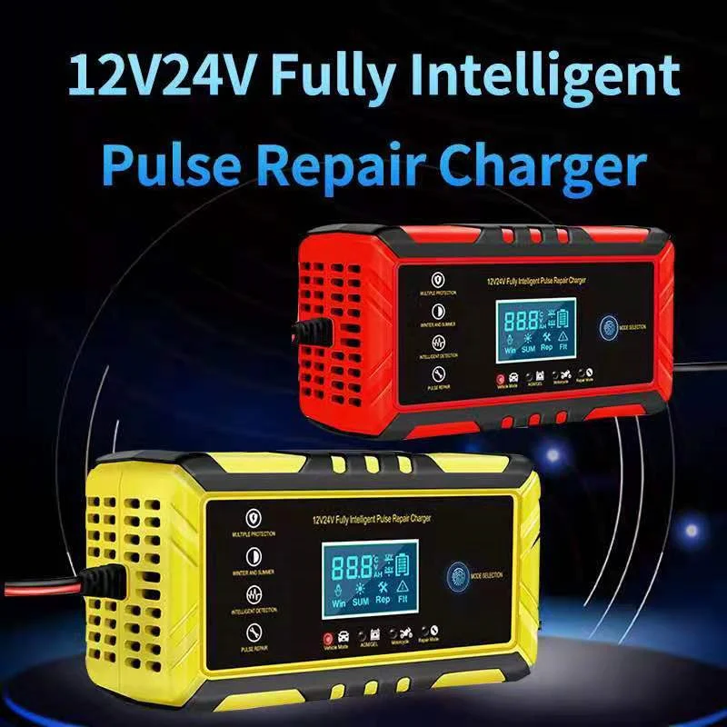 

Автоматическое зарядное устройство для автомобильных аккумуляторов, 12 В, 24 В, с цифровым дисплеем, для ремонта свинцово-кислотных и литиевых батарей мотоциклов