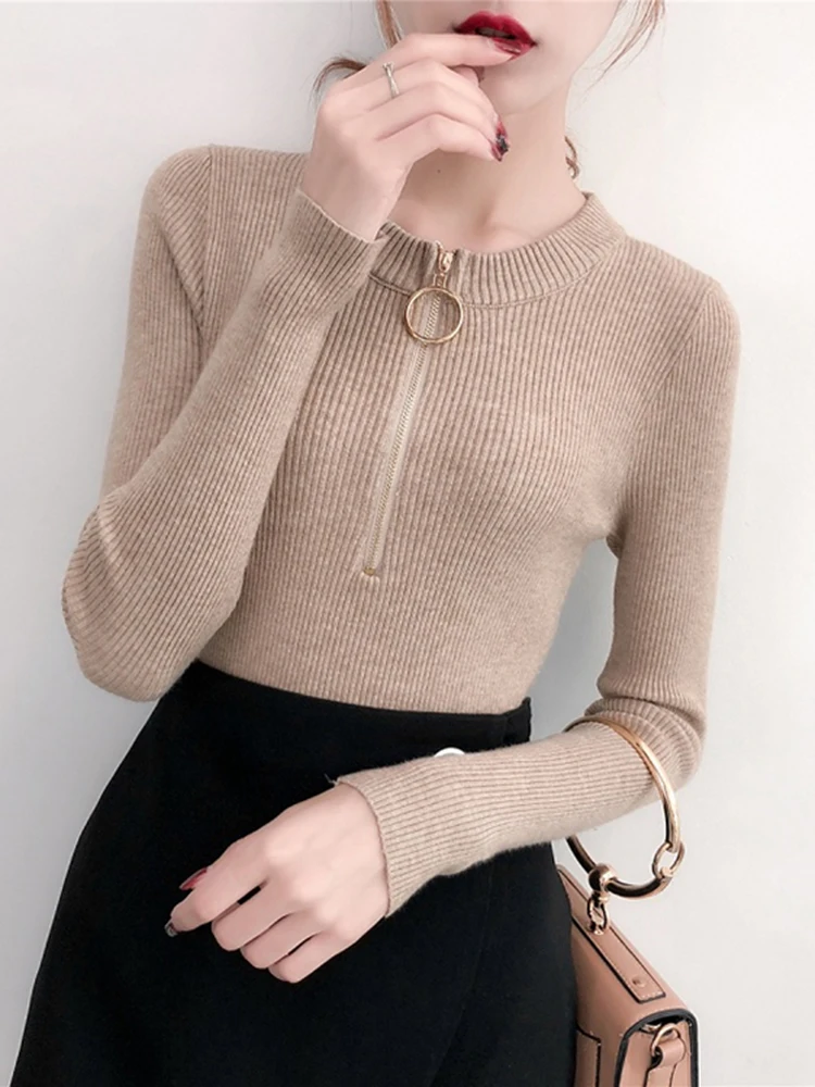

Zipper Half Sexy O-neck Sweater Women Solid Slim Autumn Winter Clothes 2022 Sueter Mujer Basic Fashion Pullovers warm soft tops
