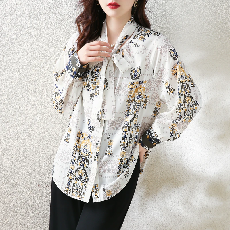 

Chiffon Women's Blouses Summer 2022 Floral Print Shirts Loose Long Sleeves Korean Fashion Top Spring Bow New Casual Clothing