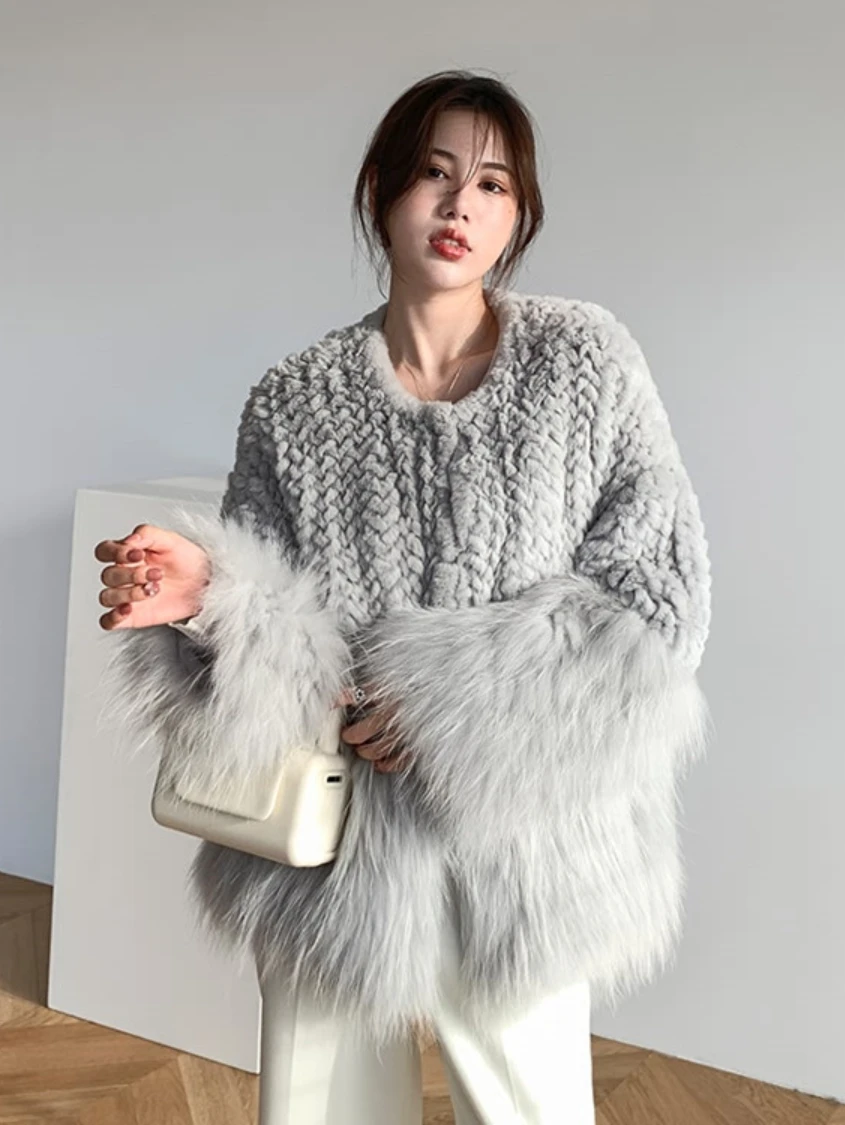 Faux Rabbit Fur Stitching Woven Furry Coat Women 2022 Winter Clothes Korean Style Long Sleeve Loose Thick Warm Faxu Fur Overcoat