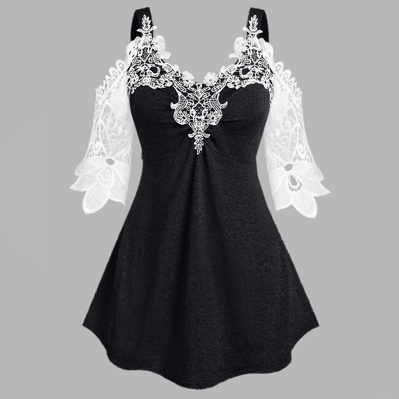 

Women Fashion Lace Tank Top Summer Casual Lace Stitching Tank Top Multicolor Slim Cold Shoulder Vest New V-neck Stitching Top