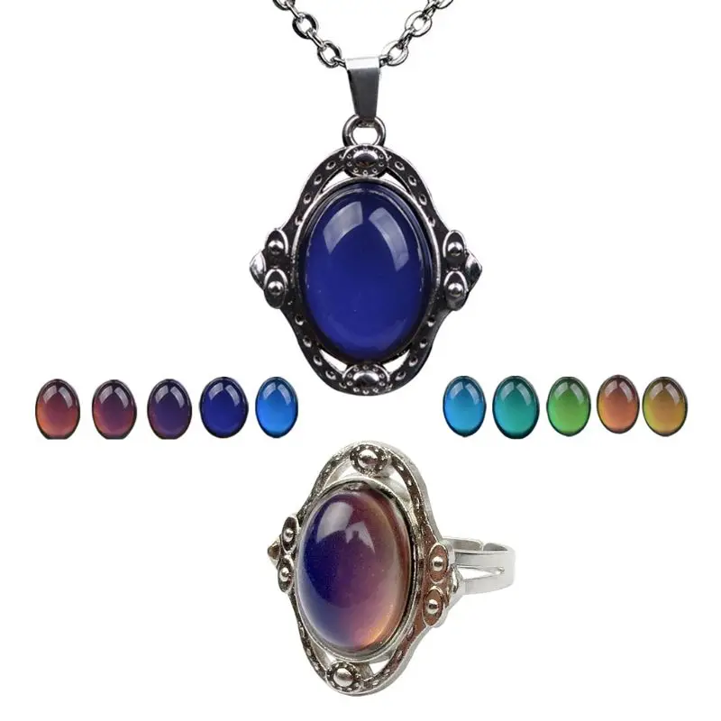 

Fashion 1 Set Necklace+Ring All-match Retro Antique Gemstone Color Change Adjustable Open Ring + Necklace for Girls Boys