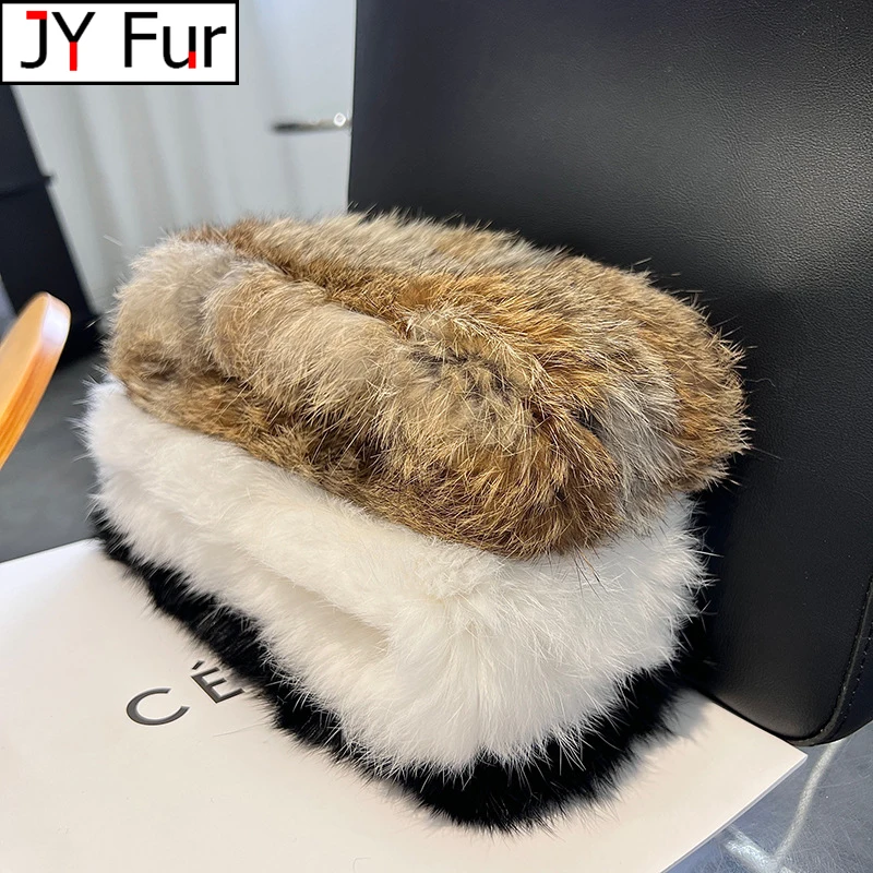 Women's Hand-Knitted Real Rabbit Fur Headband Knitted Fur Scarf Warm Empty Top Plush Hat Autumn and Winter Jewelry Accessories