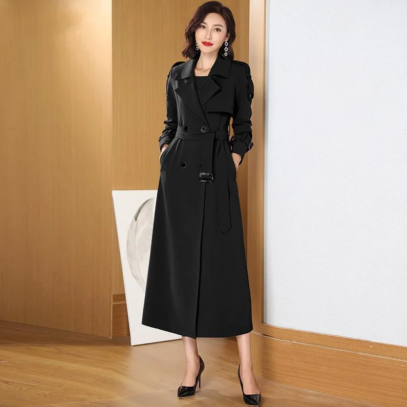 Women Long Trench Coat Turn Down Collar Full Sleeve England Style Double Breasted Belt Simple Casual Black Windbreaker Autumn