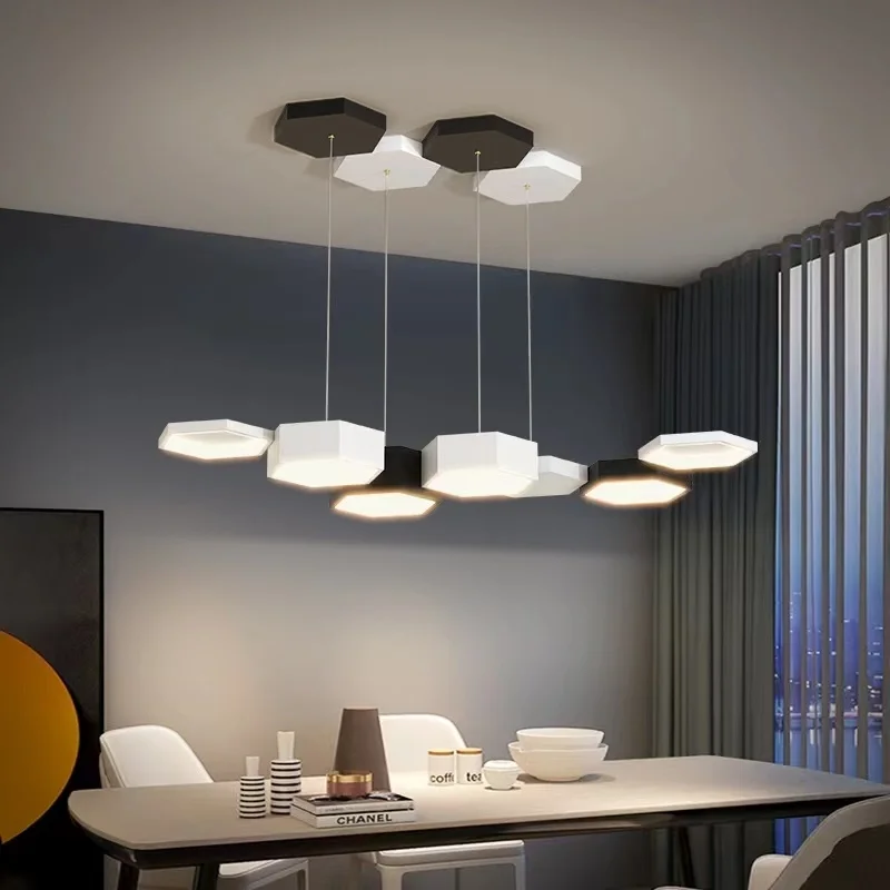 

Modern Minimalist Black And White Geometric Polygon LED Chandelier Living Room Dining Table Bar Office Designer Ceiling Lamp