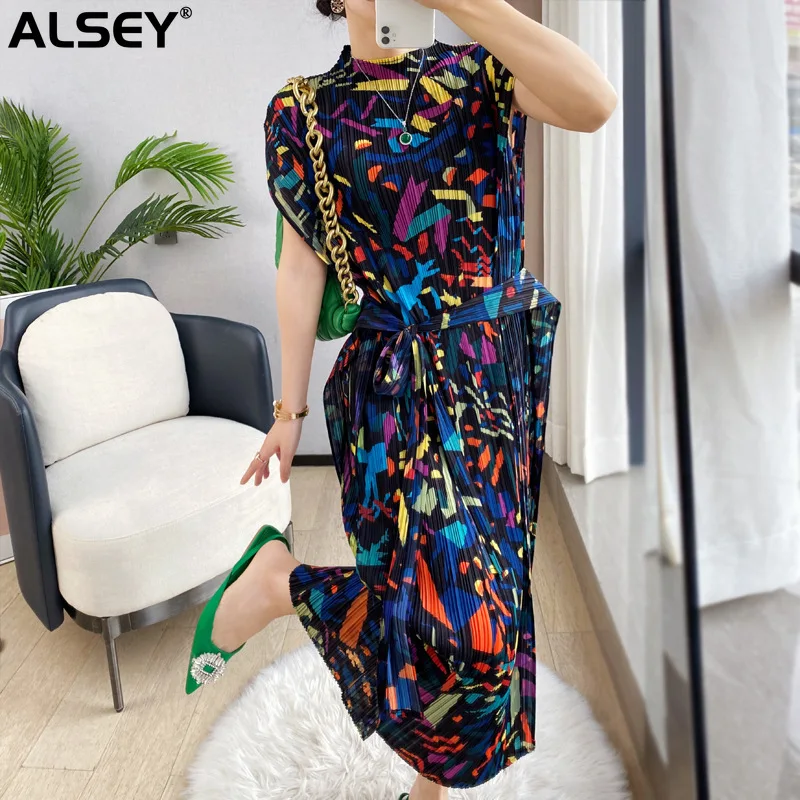 

ALSEY Miyake Pleated Colorful Stripes Print High-end Large Collar Slim Short-sleeved Loose Artsy Dress Spring Summer Fall New