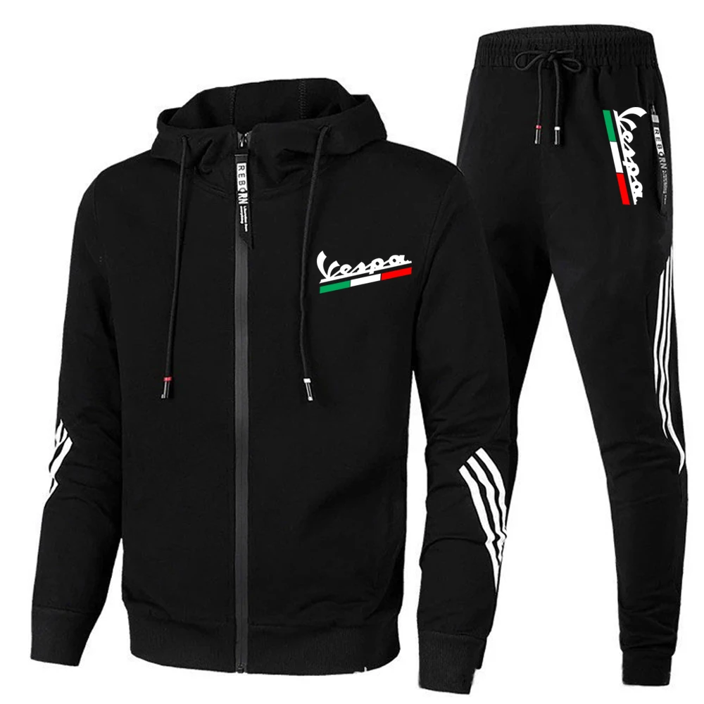 FOR Vespa LOGO Men's Casual Sports Suit Zipper Hooded Jacket + Pants Tracksuit Sweatshirt Casual Male Set