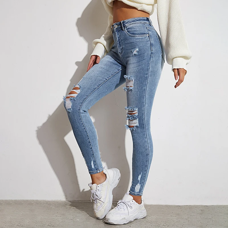

Light Blue Sexy Skinny Women Jeans Stretch Butt Lift Ripped Hole Denim Pants Lady Clothes Girls Tight Trousers Streetwear
