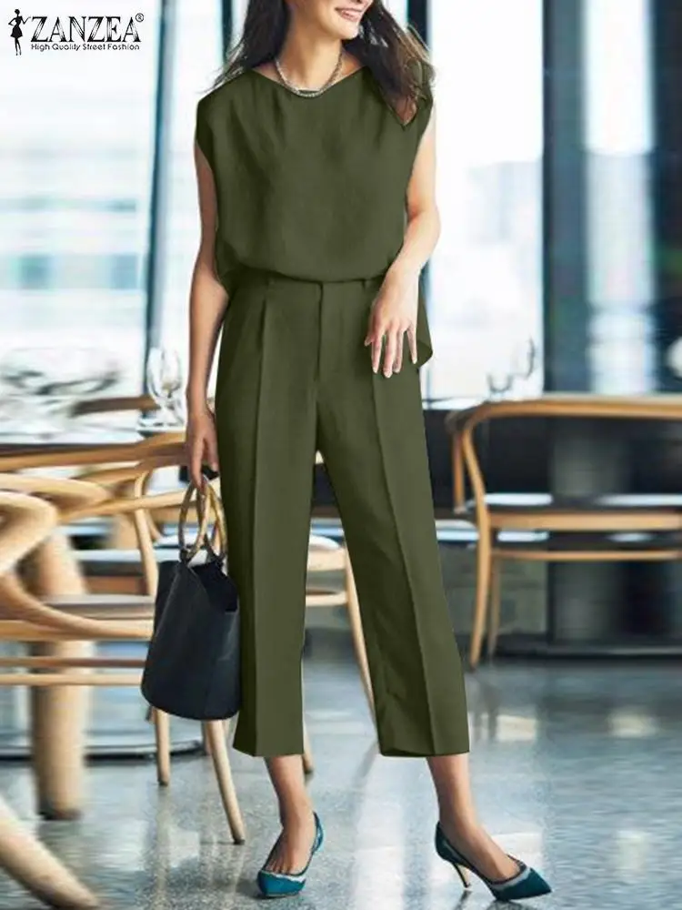 

ZANZEA Two Piece Sets Elegant Summer Suits Womens Office Work Outifits Casual Sleeveless Blouse Pants Sets Solid Matching Sets