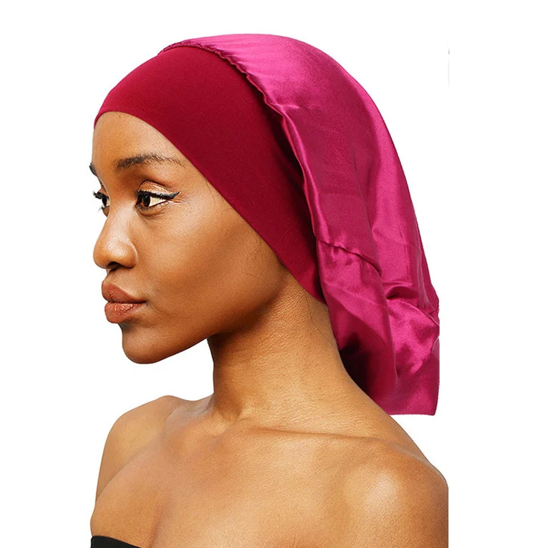 

Vintage Elastic Night Sleep Hat Chemo Cap Soft Headcover Hair Care Satin Bonnet Long Hair Wide Head Wrap Brimmed Soild Women Hat