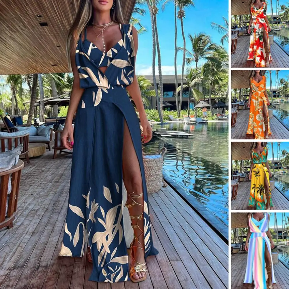 

Women's Dress Deep V-Neck Sleeveless Waist Tight Split Hem Beach Dress Summer Coconut Tree Print Boho Maxi Dress Streetwear