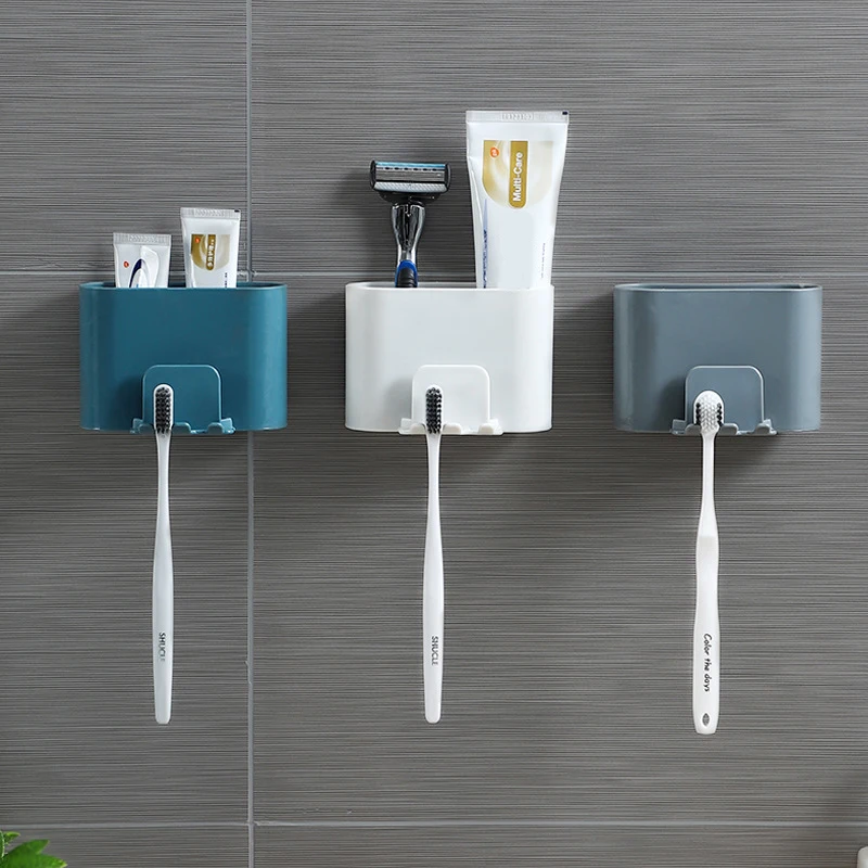 

Wall-Mounted Toothbrush Holder Punch-Free Tooth Cup Rack Household Wall-Mounted Cup Holder Storage Box bathroom organizer