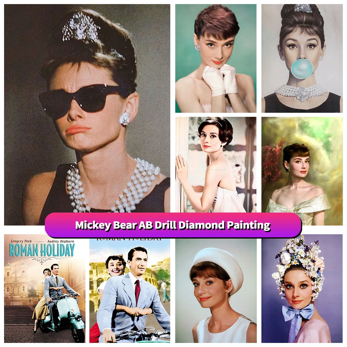 

5D Audrey Hepburn Art Diamond Rhinestones Painting Famous Movie Star Cross Stitch Kits Embroidery Picture Mosaic Bedroom Decor