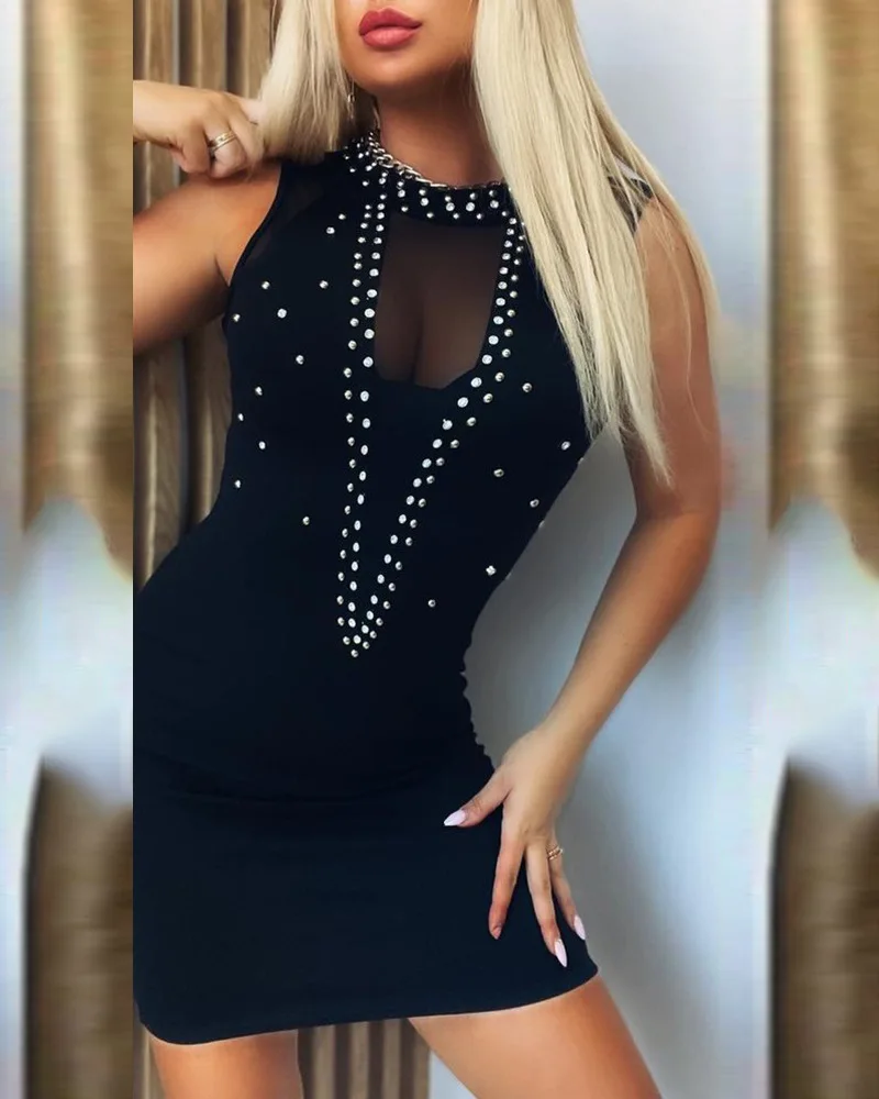 

Элегантное женское черное платье 2021 летнее облегающее Сетчатое Короткое Сексуальное вечернее мини-платье с круглым вырезом без рукавов с б...