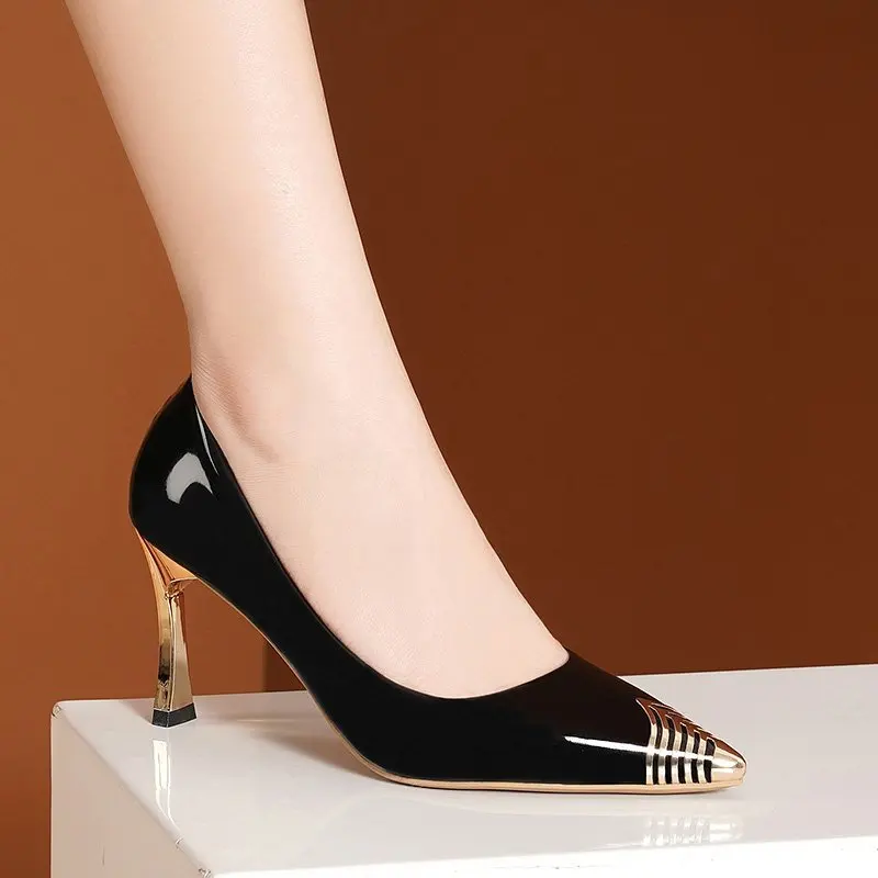

Туфли-лодочки женские с острым носком, высокий металлический каблук-шпилька, классические, офисные базовые, золотистые