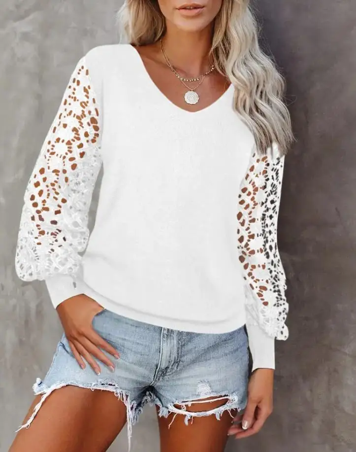

Fashion Woman Blouses 2022 Guipure Lace Patch Lantern Sleeve Top Autumn Elegant Long Sleeve T-Shirt Chic Daily Streetwear