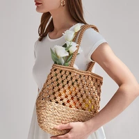 casual hollow rope woven women handbags large straw buckets bag rattan lady handbags handmade summer beach big tote bali purses