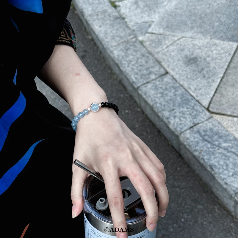 Obsidian Double Ring Bracelet Natural Aquamarine S925 Sterling Silver High-Grade Girlfriends Gift Original Design