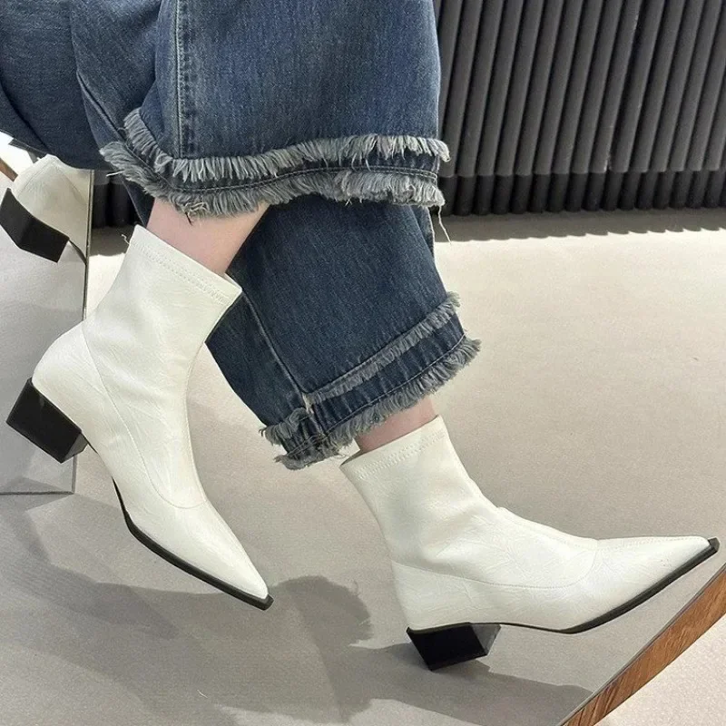 2025 женские ботильоны из натуральной кожи на молнии массивном каблуке с острым