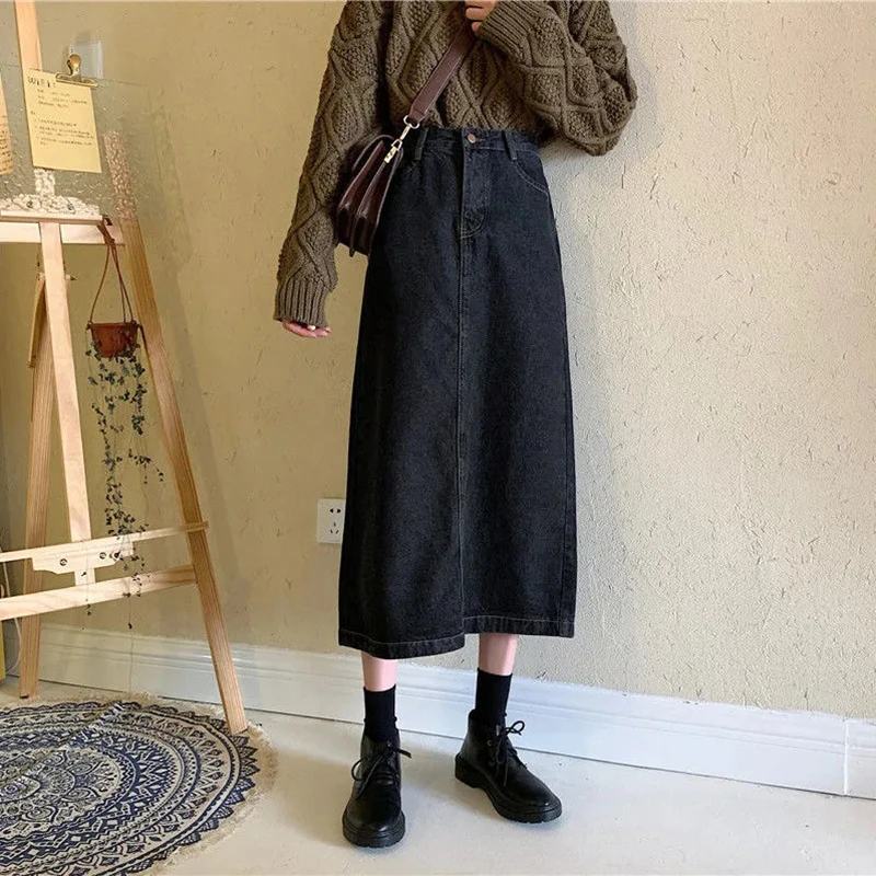 Summer Long Denim Skirt Women Oversize 5XL Korean Fashion Split Faldas Jean Mid-Length High Waist Skirts Blue Loose Cowboy Jupe images - 6