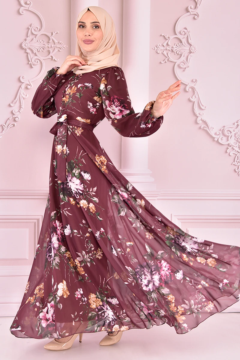 

Belt Chiffon Dress Brown KBR21360
