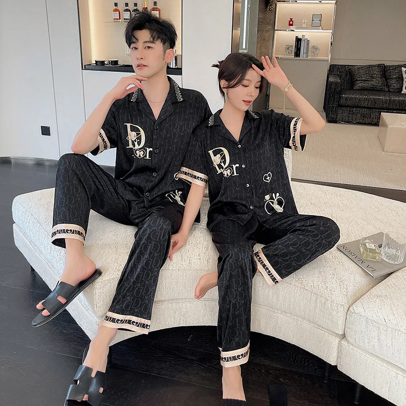 Luxury Pajama Suit Couple Pajama Set Silk Satin Vintage Print Love Design Sleepwear Summer Men&Women 2 Piece Sets Slim Homewear