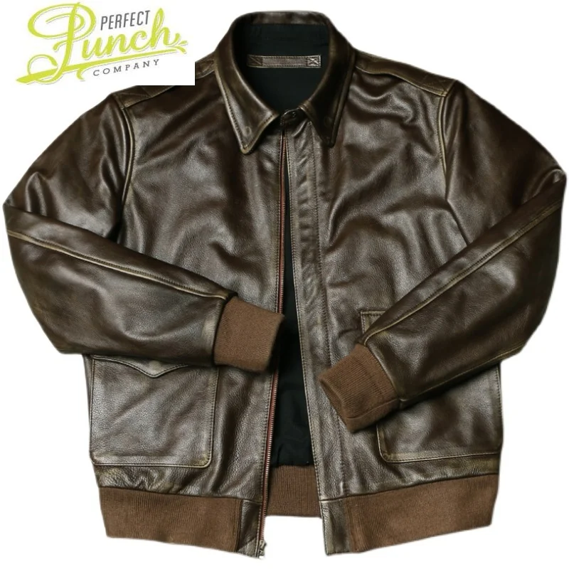 

Clothing Genuine Core Leather Tea Jacket Men Cowhide Short Coats Retro Rubbed Men's Aviator Jacket Jaqueta Masculina