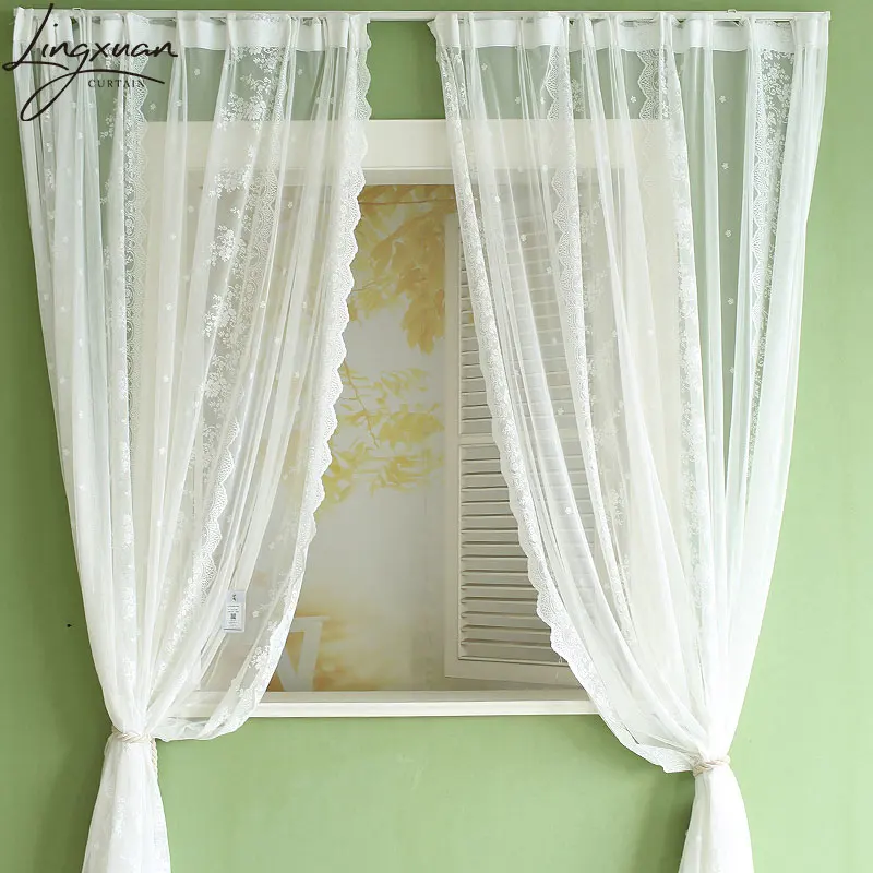 White Short Curtain Tulle Window Curtains For Bedroom Kitchen European Floral Lace Sheer Voile Drapes For Living Room Wedding