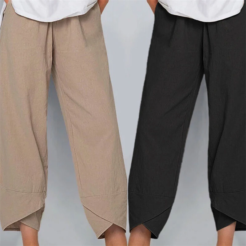 Vintage Printed Harem Pants Women Trousers Casual Elastic Waist Cotton Linen Wide Leg Pants Loose Pantalon Summer Pant