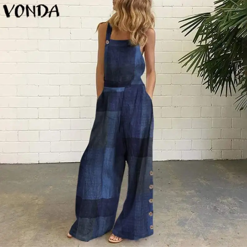 

VONDA Spring Elegant Pantalon Sleeveless Baggy Cotton Playsuits Long Women Jumpsuits Long Length Wide Leg Rompers With Pockets