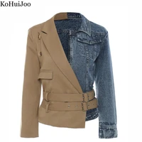 kohuijoo street style jackets for women 2022 fashion denim patckwork double belt turn down collar jacket woman motorcycle coat