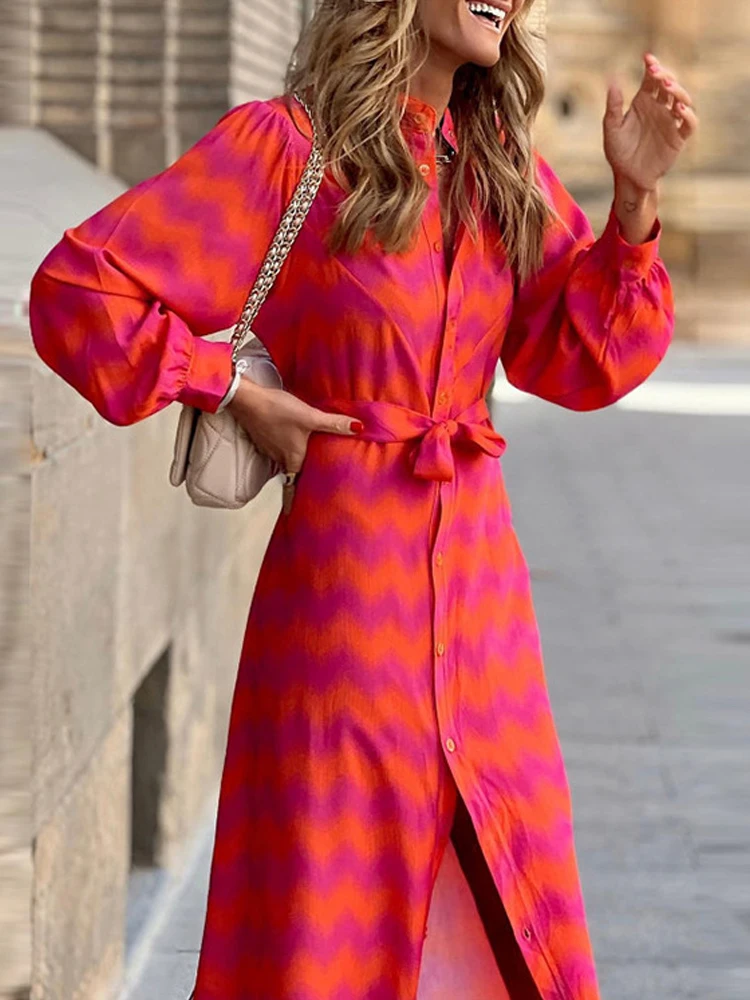 

Elegant Lady Tie Dye Print Ruffled Dress Sexy V-neck Long Sleeved Lace Up Waist Long Dress Fashion Street Irregular Dress