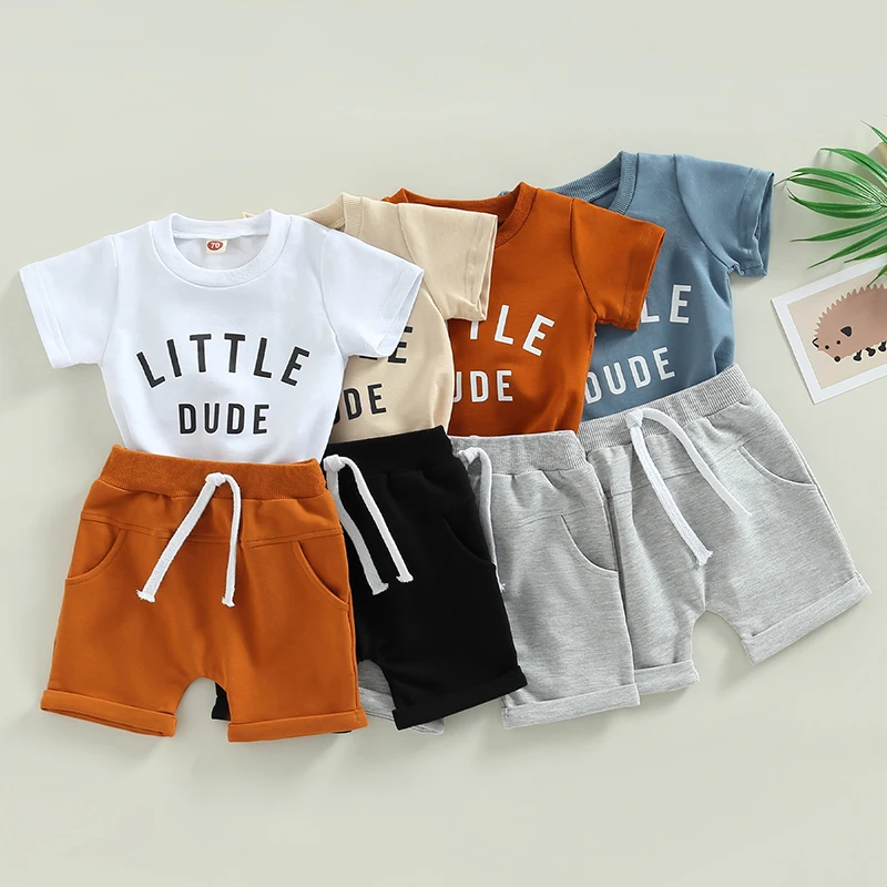 

2023 0-3Y Kids Boys Clothing Casual Letter Print Round Neck Short Sleeve Tops +Harem Shorts Summer Outfits Set