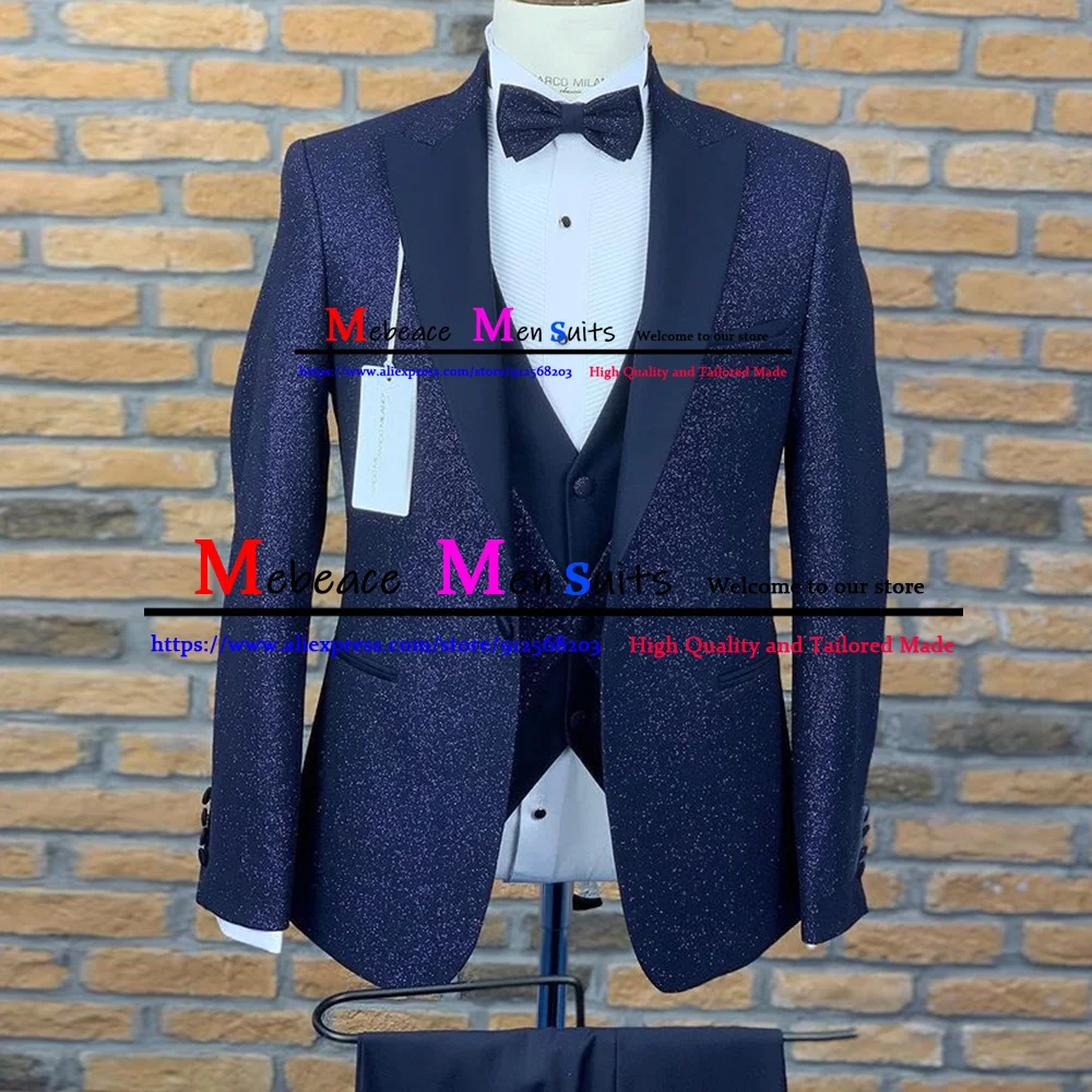 

Деловые мужские костюмы, облегающий блейзер для жениха, свадебный смокинг, индивидуальный пошив, черный блестящий комплект из 3 предметов (пальто + жилет + брюки) 2022