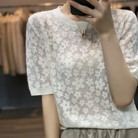 worsted wool knitted t shirt womens summer o neck exquisite hollow hook flower slightly transparent sexy pullover short sleeves