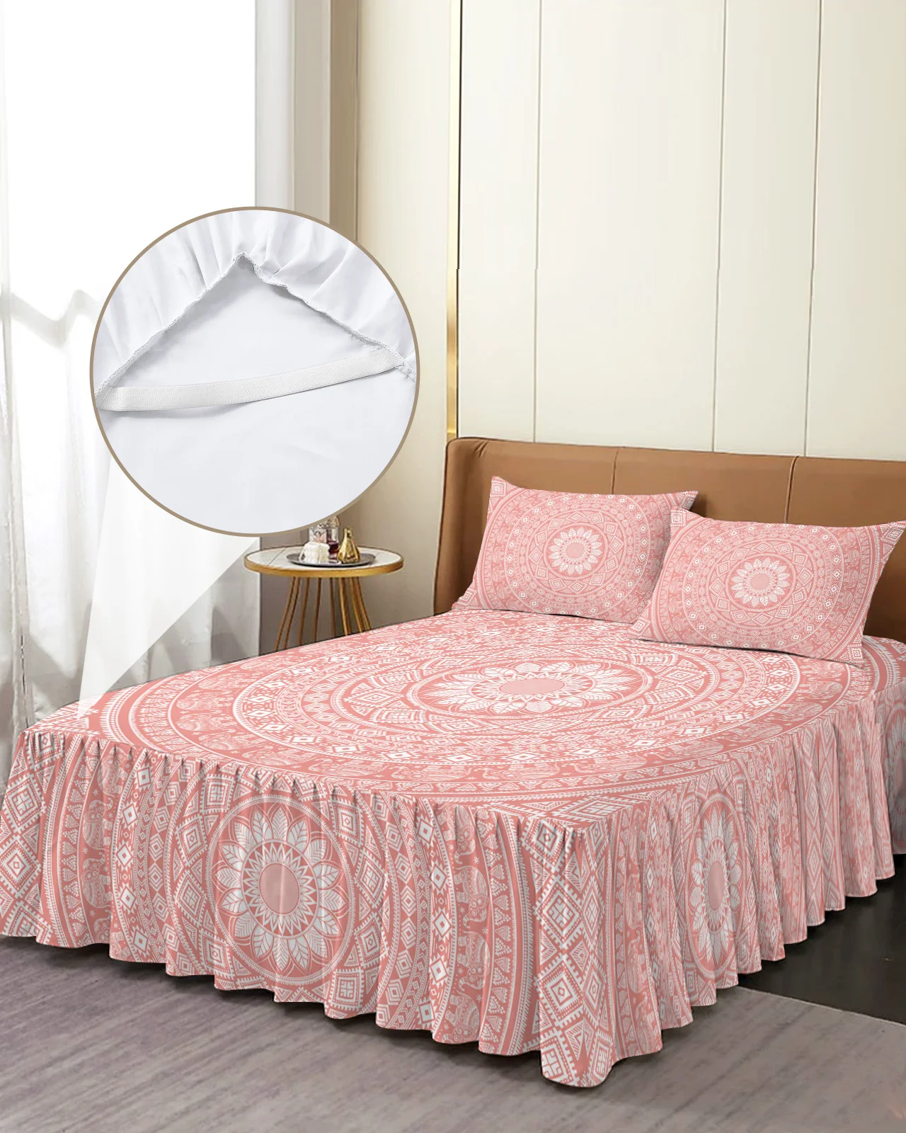 

Розовое постельное белье в стиле бохо с мандалой, эластичное покрывало с наволочками, протектор для кровати, наматрасник, Комплект постельного белья, простыня