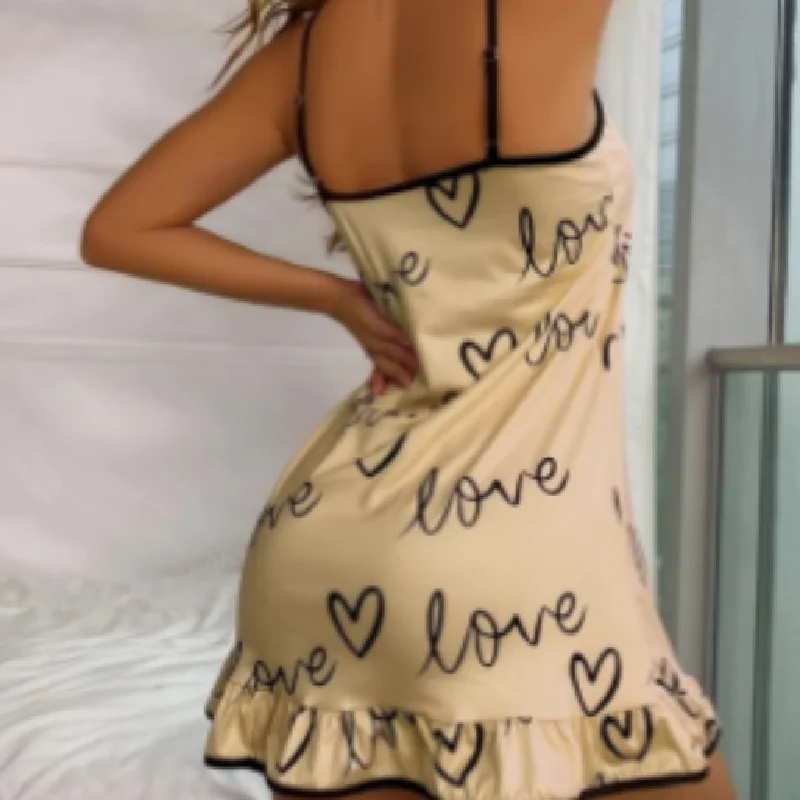 Women's Fashion Sling Satin Nightdress Casual Ruffles Comfortable Loose Lovely Printed Nightwear Lingerie Set Sleeveless 3XL