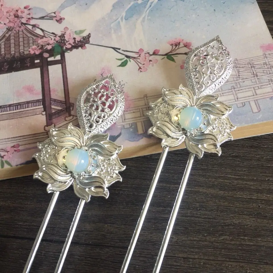 Женская Посеребренная заколка с лотосом китайский головной убор Hanfu