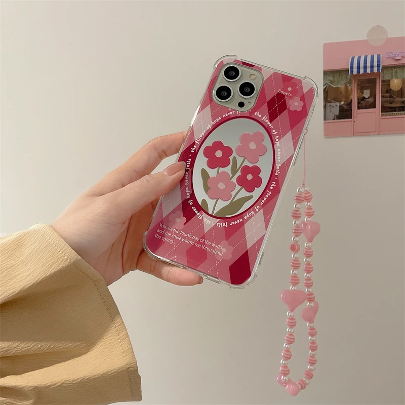 

Зеркальный ремешок, чехол для телефона Huawei P30 P40 P50Pro Mate 30 40 Nova 7 8, милый мягкий чехол-бампер с цветами и веревкой