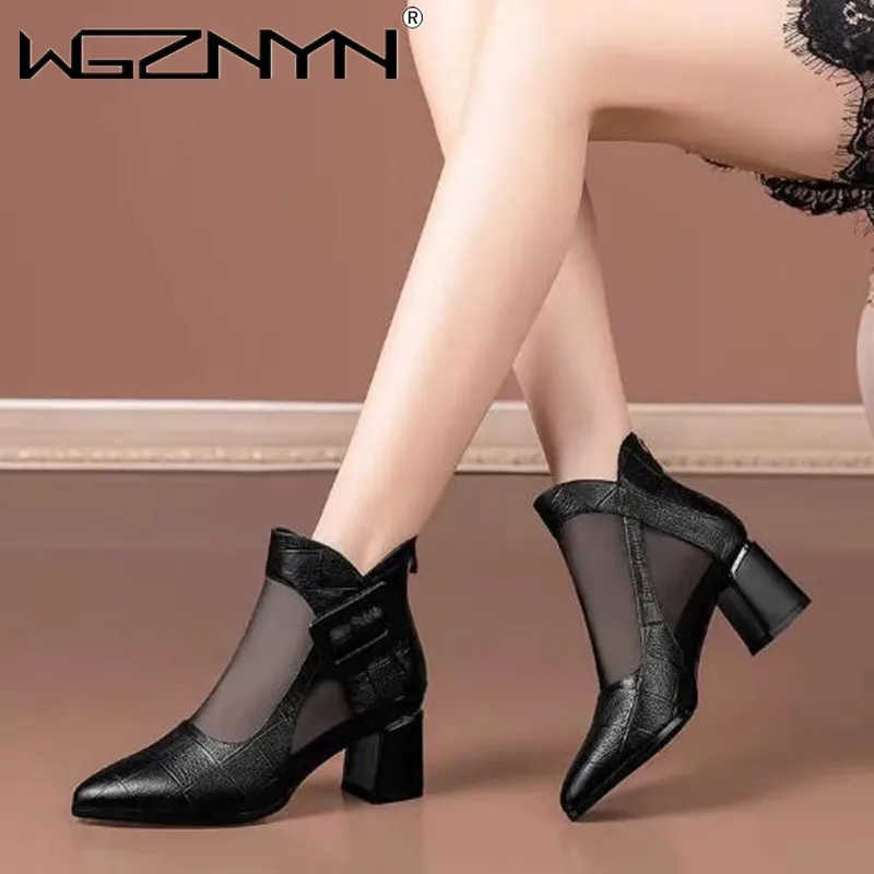 

Fashion NEW Spring Sexy Mesh Sandals Boots Women Pointed Toes High Heeled Summer Heels Square Heel Shoes Woman Hollow Out Female