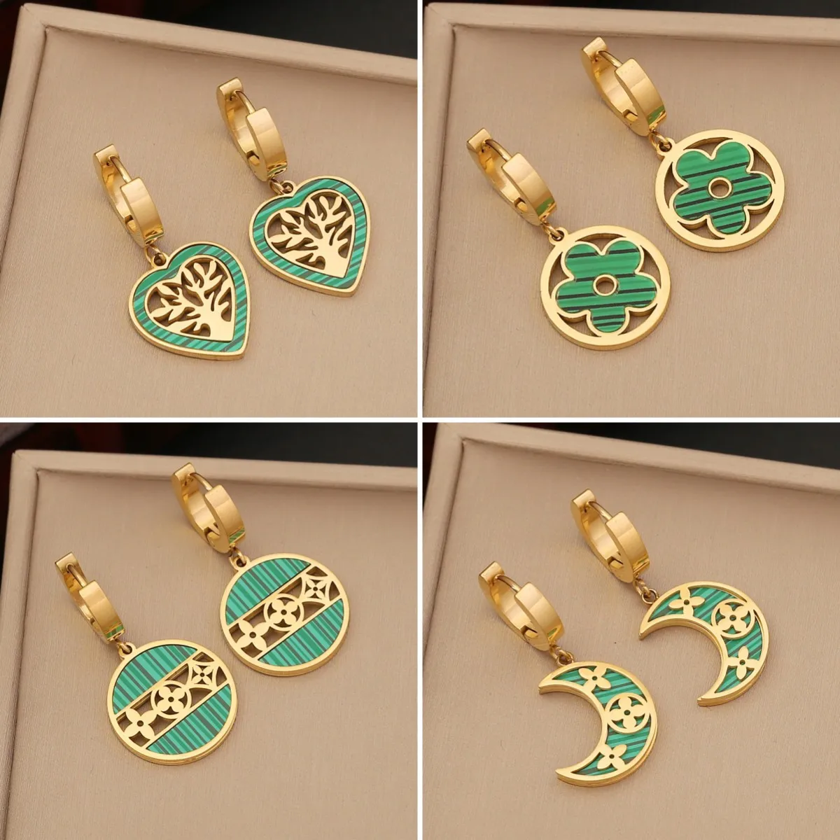 

316L Stainless Steel Green Moon Flower Earrings For Women Vintage Gold Color Hoop Earrings Girls Party Jewelry Gifts