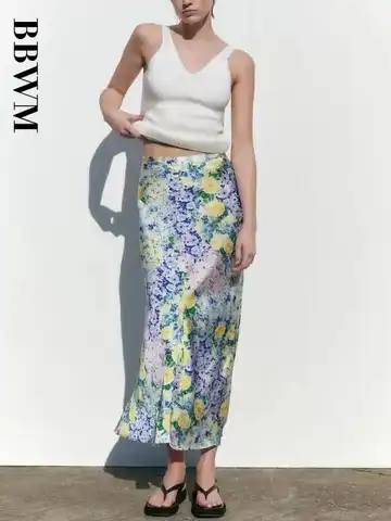 Summer Printed Silk Satin Original Chic Women's Skirt 2023 Versatile Holiday Office  Female Skirt