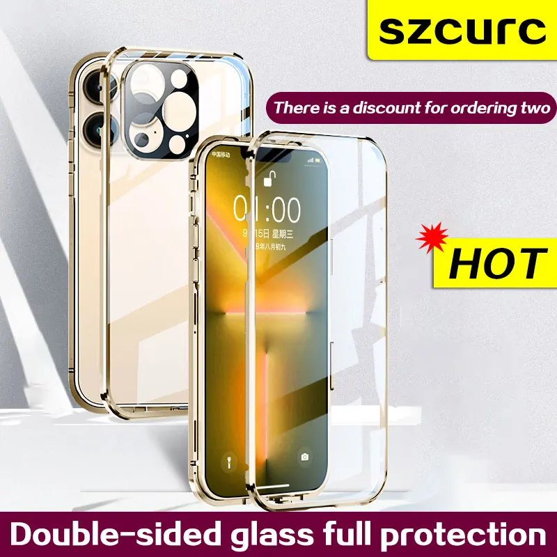 

For iPhone 13 Case.New 360° Full Protection Tempered Magnetic Adsorption Glass Phone sleeve.iPhone 11 Pro Max 12Mini Phone cover
