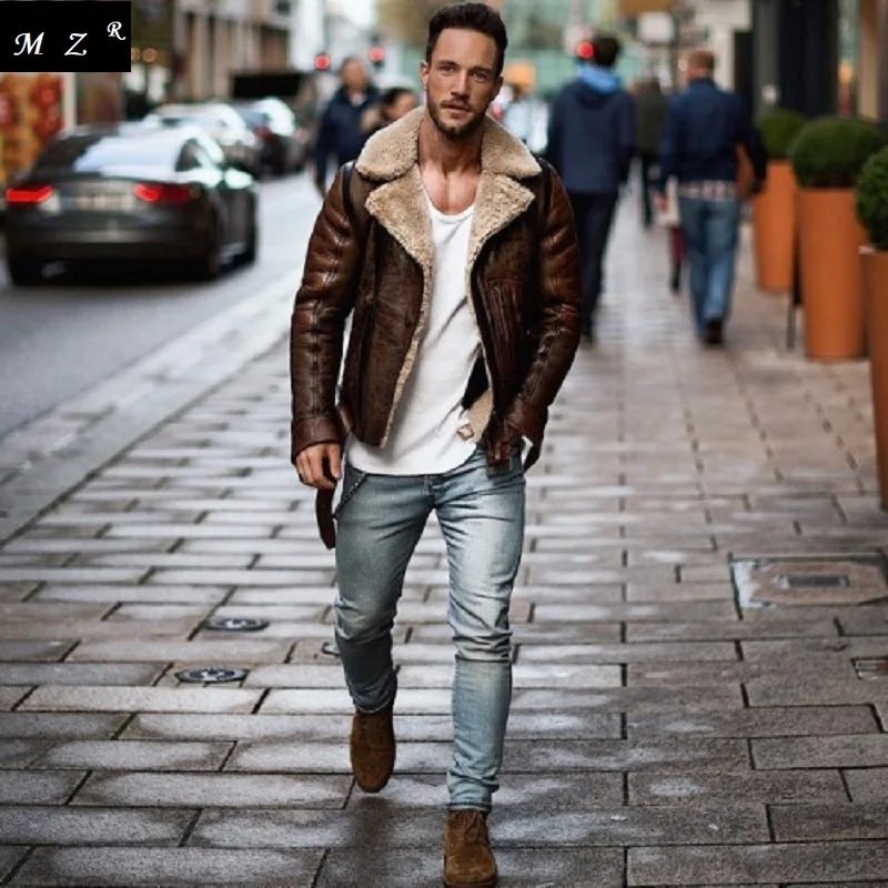 Men's Winter Motorcycle Leather Jacket Fashion Street Plus Velvet Warm Jacket
