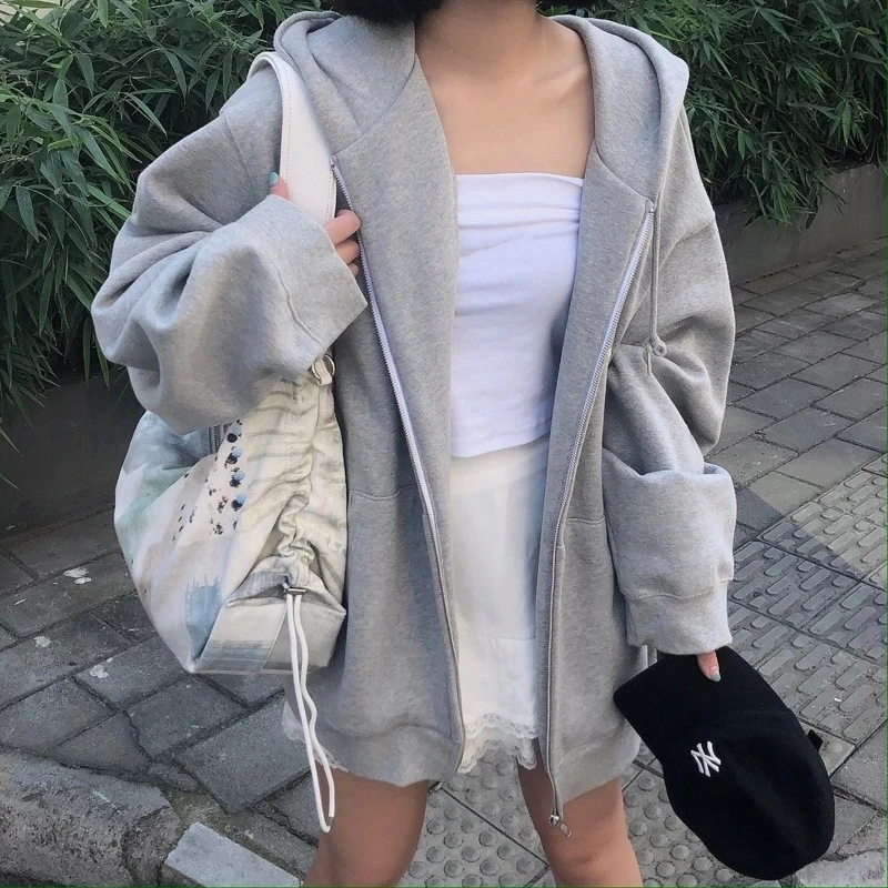 Sudaderas con capucha para mujer, chaqueta de manga larga con cremallera de color liso, estilo Retro, sudadera de lana de gran tamaño, versión coreana Harajuku