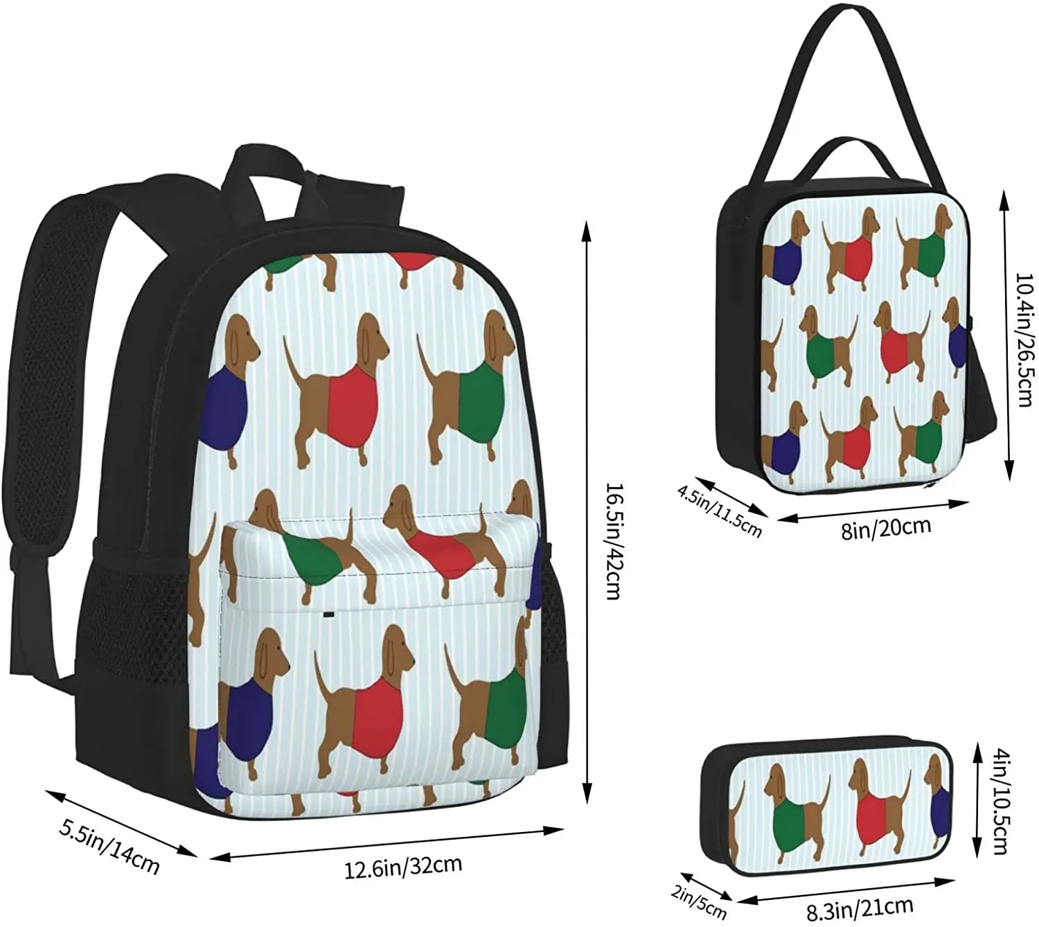 School Backpack Dachshund Dog Cartoon Schoolbag Travel Bag Casual Daypack Lunch Bag Pencil Case for Boys Teens Girls 3pcs Sets