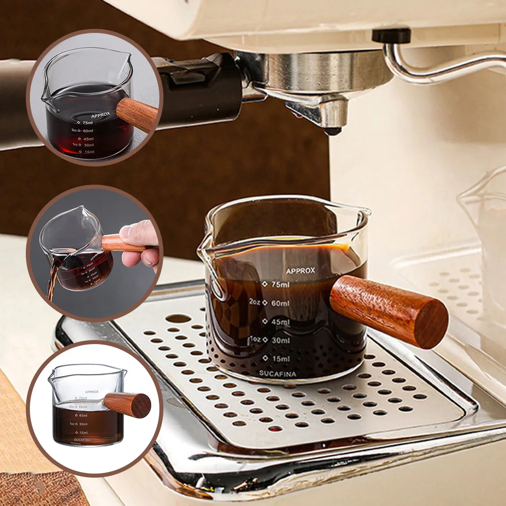 

Wood Handle Glass Espresso Measuring Cup Single/Double Mouth Milk Jug Coffee Supplies Transparent Kitchen Measure Mug